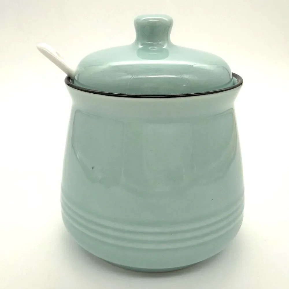 DAYYET Sugar Bowl w/Lid Spoon 10 oz Ceramic Turquoise Aqua Farmhouse Cottagecore